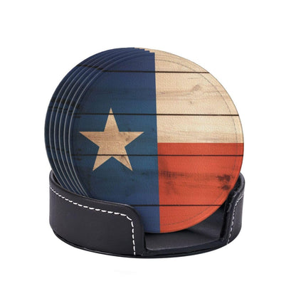 Keeawou Wood Texas Flag Leather Drinks Coasters with Holder, Set of 6, Suitable for Various Cups