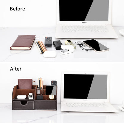 KINGFOM Pu Leather Desk Organizer Pen Pencil Holder Office Supplies Caddy Storage Box 6 Compartments with Drawer Brown