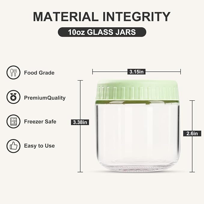 SHOWIN Overnight Oats Containers with Lids, 10oz Glass Jars with Lids 8 pcs, Light Green, Wide Mouth Mason jars for Salad, Yogurt, Snacks, Meal Prep