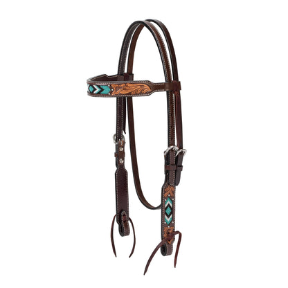 Weaver Equine Turquoise Diamond Beaded Horse Headstall, Leather Headstalls for Horses for Trail Riding, Durable Equine Supplies, Dark Oil