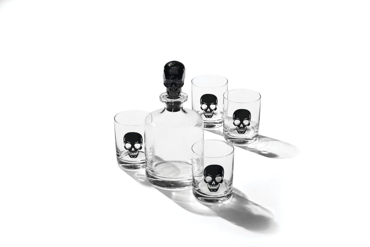 Oneida Barware, 5-Piece Skeleton Whiskey Set, 4 Drinking Glasses & 1 Decanter, Dishwasher Safe, Halloween Decor Indoor, Halloween Table Decorations for Party, Skeleton Themed (4 Glasses, 1 Decanter)