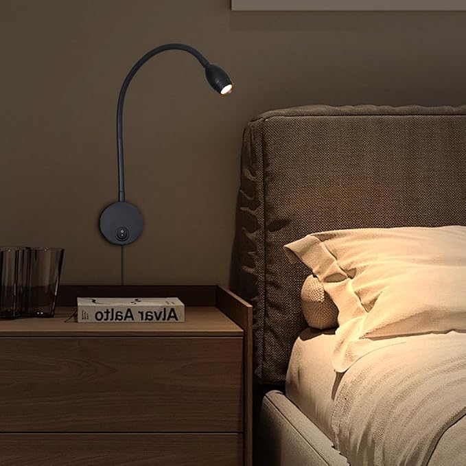 Reading Lamp Wall Sconces Light LED 3W Warm White 3000K Plug for Reading Books (Black 2pcs 3000K Cord)