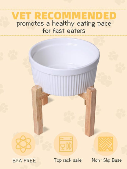 GDCZ 65 Oz Large Ceramic Raised Dog Food Bowl with Wooden Stand, White | Large 65oz Food Water Dish, Elevated Wooden Stand For Neck Relief, Heavy Tip-Proof Ceramic, Modern Fluted Design Textured