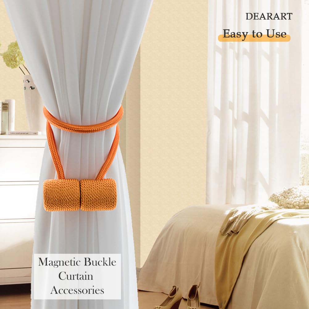 DEARART Windows Curtain Tieback, Magnetic Holder Tie Curtains, Many Tie Backs Ways, Easy Use for Bedroom Living Room Home, Cylinder Rope Design, Orange, 4pcs