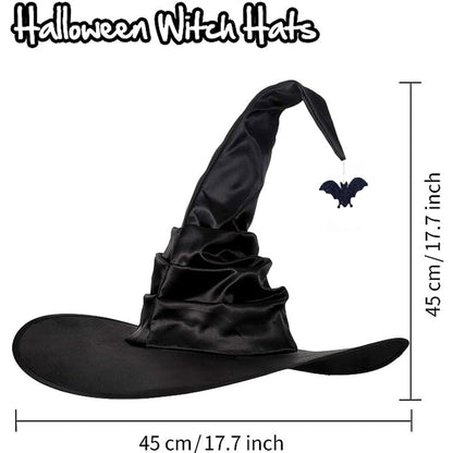 Seasons Stars SSDecor 2025 Halloween Witch Hat with Handcrafted Pleating and Glittery Bat Pendant, Halloween Costume Accessory Black Witch Hat for Adult's