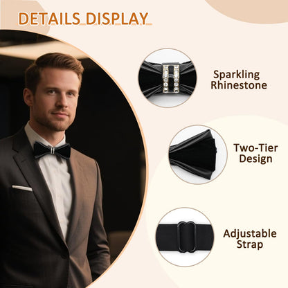 Rzmtaol PU Leather Bowties Men, Pre-tied Bow Ties for Men with Rhinestone Velvet Mens Bow Tie for Wedding Party Tuxedo Daily (Black)