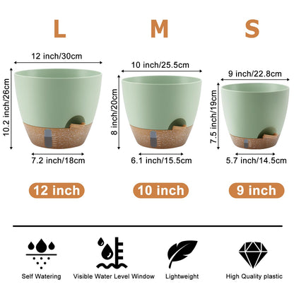 QRRICA 12/10/9 Inch Self-Watering Plant Pots with Water Level Indicator, Drainage Holes & Saucers – Large Plastic Planter Set for Indoor & Outdoor Plants (Green)