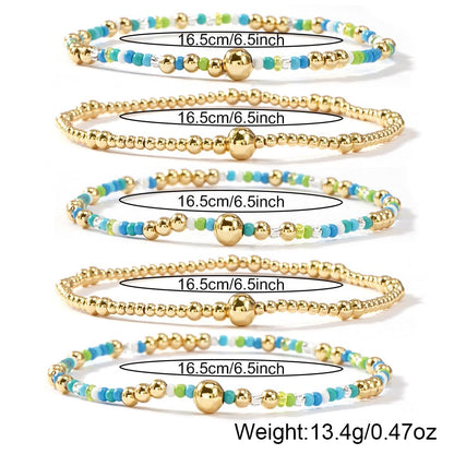 SHINUS BOHO Gold Beaded Bracelet Stack for Women,Bohemian Stretch Blue Seed Beads Stackable Bracelets Set Fashion Holiday Birthday Summer Accessories Jewelry Gift Friendship