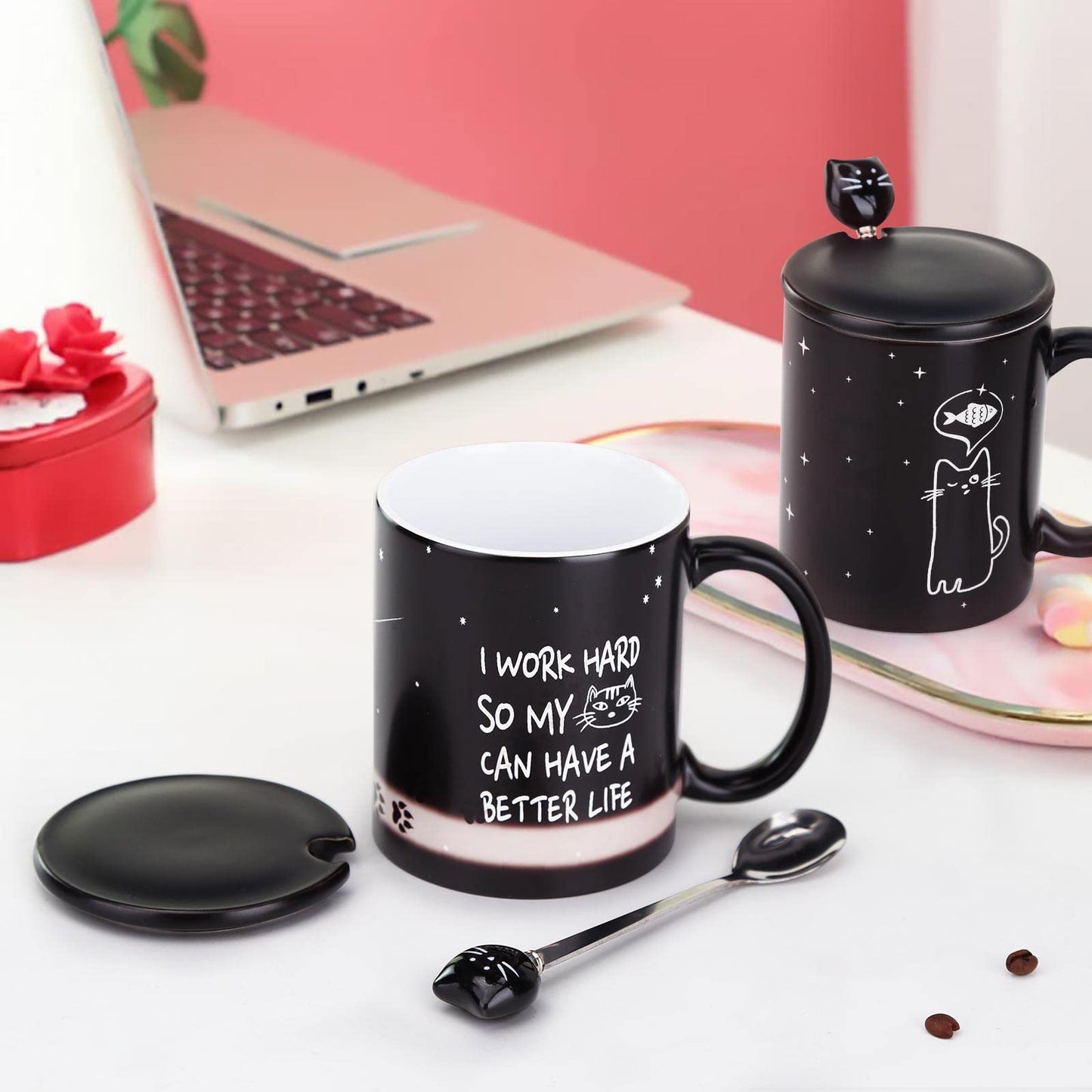 MUGKISS Color Changing Coffee Mug 11oz - I Work Hard So My Cat Can Have a Better Life - Halloween Cat Cup With Black Lid and Head Spoon, Gifts for Birthday, Christmas