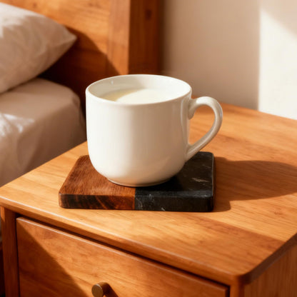 Marble Coasters: 4-Piece Set of Acacia Wood Marble Coasters, Suitable for Kitchens and Offices, can be Used as Gifts (Black Square)