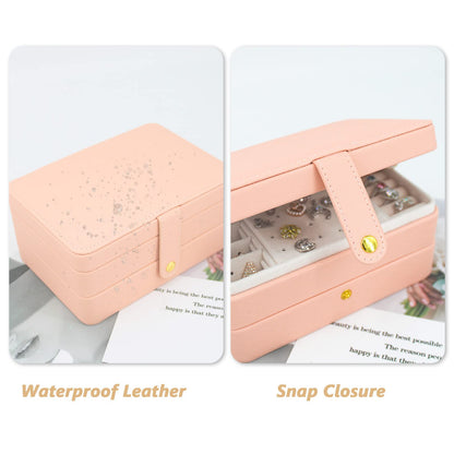 KOOAAICCHI Small Jewelry Box, Travel Jewelry Organizer, Portable Jewelry boxes for Women Girls Gift, Double Layers PU Leather Jewelry Holder for Rings, Earrings, Necklaces-Pink
