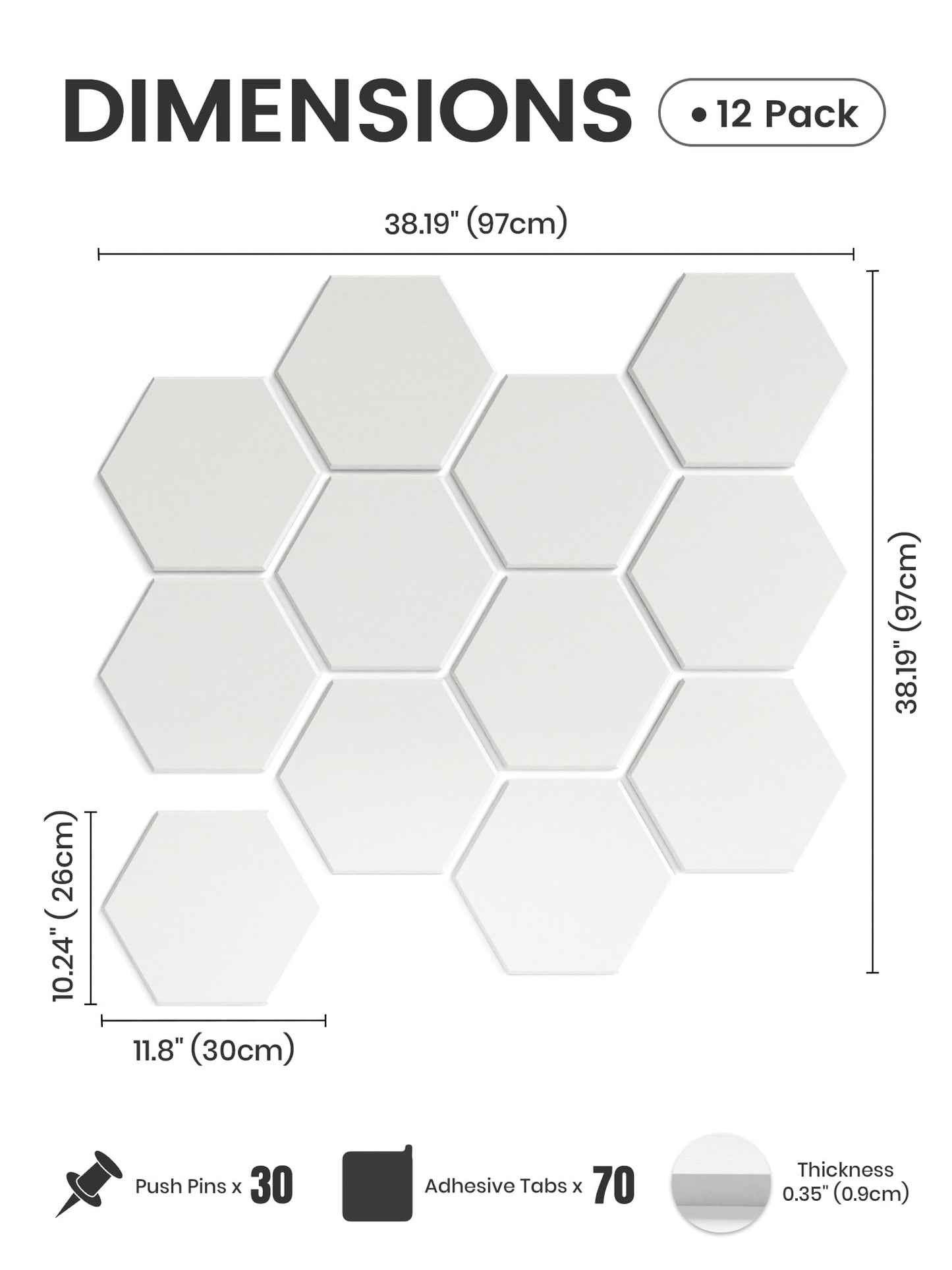 Fluxynara Hexagon Cork Board Alternative for Walls Decor-12-Pack Felt Bulletin Board Tiles,with 30 Pushpins,70 Adhesive Tabs for Office,Classrooms & Home Pin Board Felt Board-Milky White