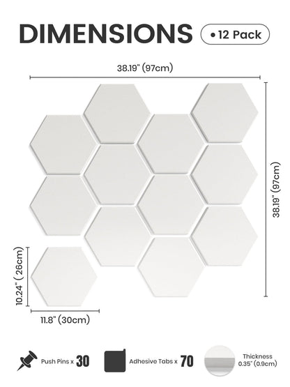 Fluxynara Hexagon Cork Board Alternative for Walls Decor-12-Pack Felt Bulletin Board Tiles,with 30 Pushpins,70 Adhesive Tabs for Office,Classrooms & Home Pin Board Felt Board-Milky White