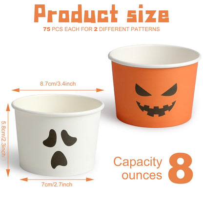 Uiifan 150 Pcs Halloween Treat Snack Cups 8 Oz Disposable Pumpkin Ghost Bowls Spooky Disposable Paper Cup White Orange Paper Cup Dessert Ice Cream Bowls Food Tasting Cups for Halloween Party Supplies