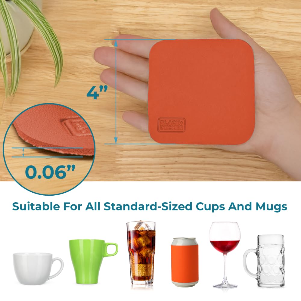 BLACK+DECKER Square Coasters Set of 4, Water-Resistant Coasters for Drinks, Flexible Durable 4" Drink Coaster for Tabletop Protection, Coffee Table Decor Ideal for Home Decor (Coral Rose)