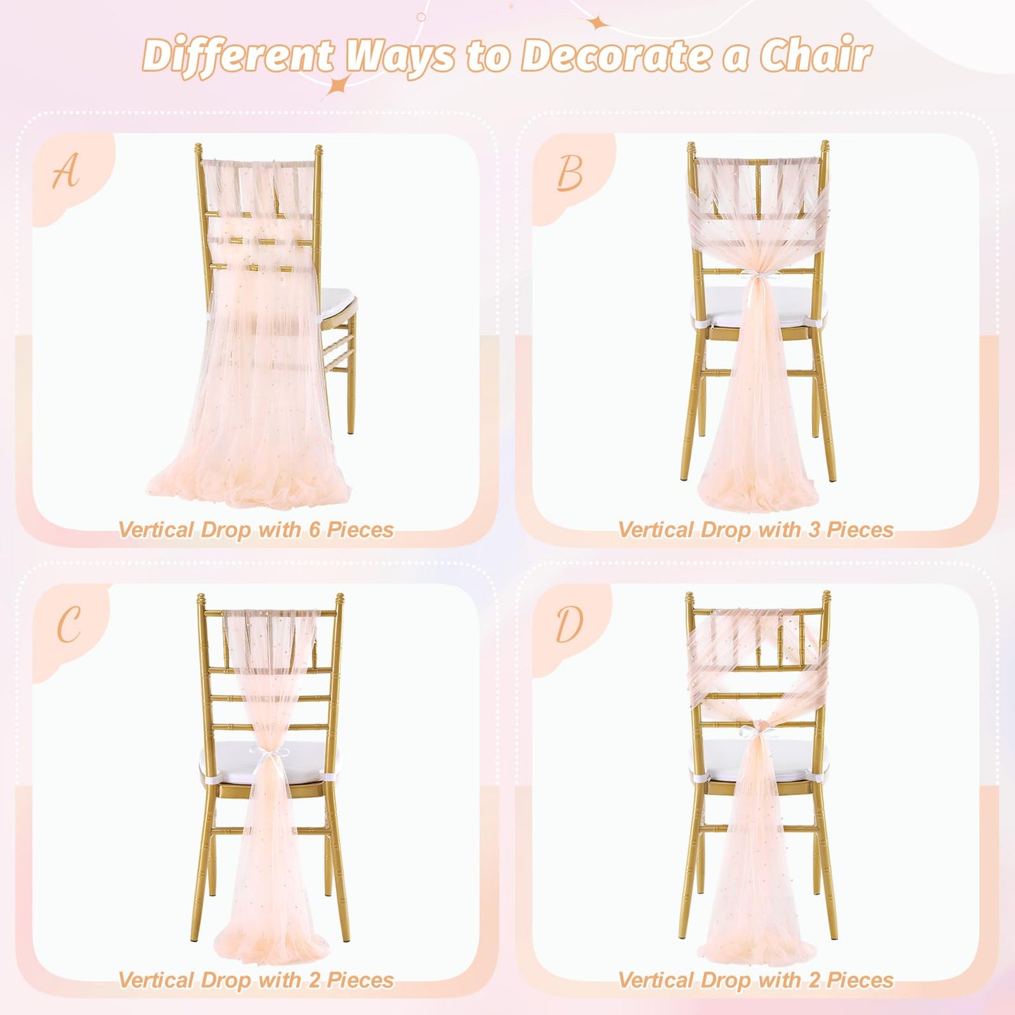 QueenDream Wedding Chair Sashes Aisle Decorations: Champagne Pearls Chair Cover 16 Pack 8FT Long Tulle Draping Fabric Reception Church