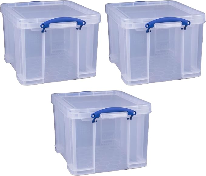 Really Useful Box 32 Liters Storage Bin Container with Snap Lid and Clip Lock Handles for Lidded Home and Office Storage Organization, 6 Pack