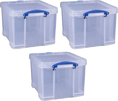Really Useful Box 3-Pack Clear Plastic Storage Bins with Lids & Clip Handles, 32 Liters - Stackable, Portable and Transparent Organizer Containers for Home, Garage and Office