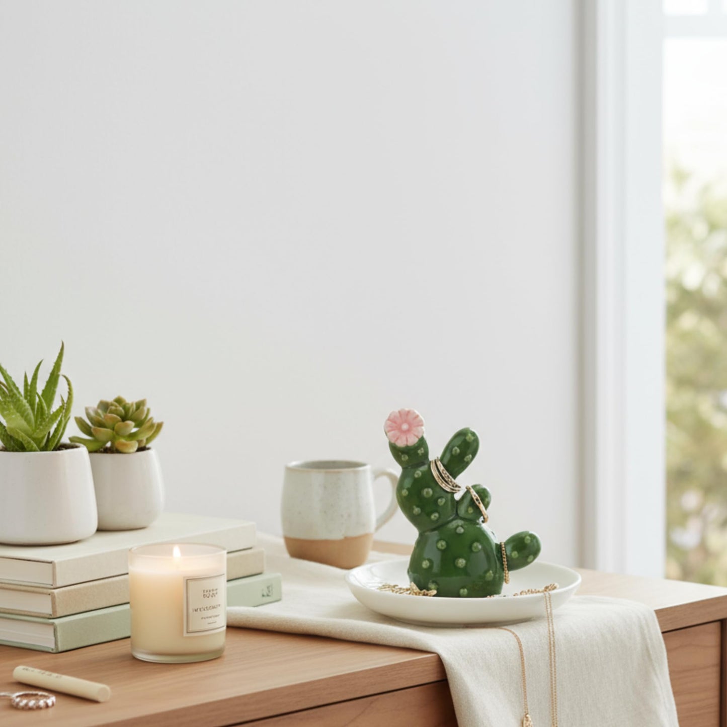 Teenyyou Cactus Ring Holder Ceramic Dish for Women Jewelry Tray Ring Dish Cute Tropical Decor Trinket Rack Western Jewelry Holder for Rings Earrings Necklace Organizer Birthday Mothers Gift