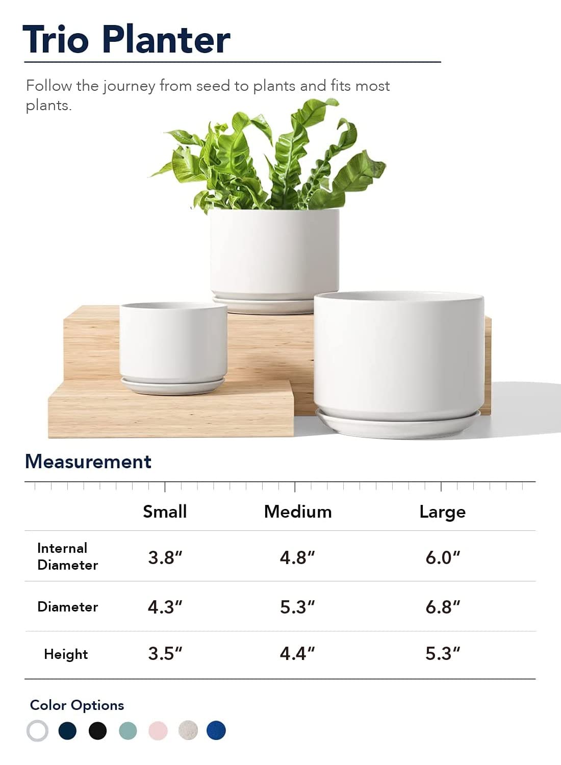 LE TAUCI Ceramic Plant Pots, 4.3+5.3+6.8 Inch Set with 50 Pack 2" Flower Pot Hole Mesh Pad Bundle, Planter with Drainage Hole and Saucer