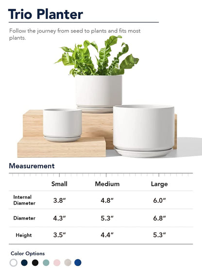 LE TAUCI Ceramic Plant Pots, 4.3+5.3+6.8 Inch Set with 50 Pack 2" Flower Pot Hole Mesh Pad Bundle, Planter with Drainage Hole and Saucer