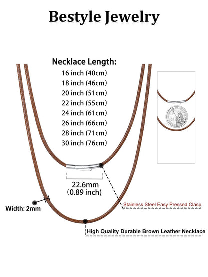 Bestyle Brown Leather Necklace for Men Women,Waterproof Wax Woven Rope Chain with Stainless Steel Clasp, 2MM Leather Cord Necklace for Pendants 16"