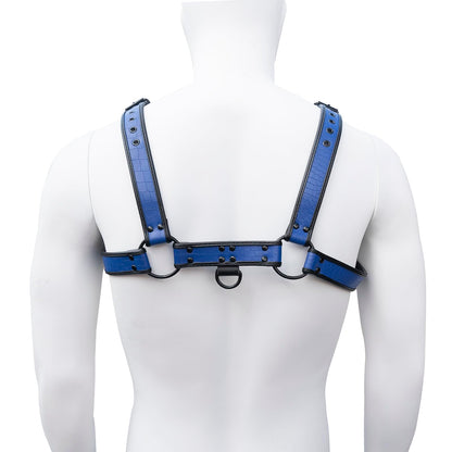ZZRBVFH Men's PU Leather Body Harness with Crocodile Texture - Adjustable Fitness Vest for Gym, Motorcycle - Black/Red/Green/Blue (Blue)