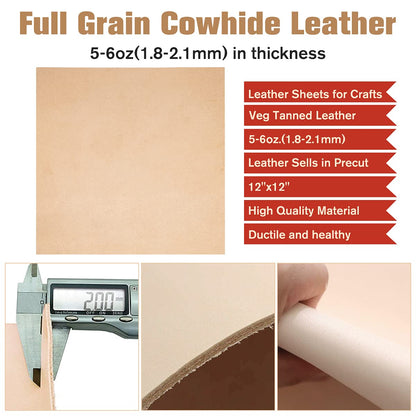 Thick Leather Sheets for Crafts Tooling Leather Square Veg Tan Leather 1.8-2.1mm Full Grain Leather Pieces Genuine Cowhide Leather for Crafts Sewing Hobby Workshop 12"x12"