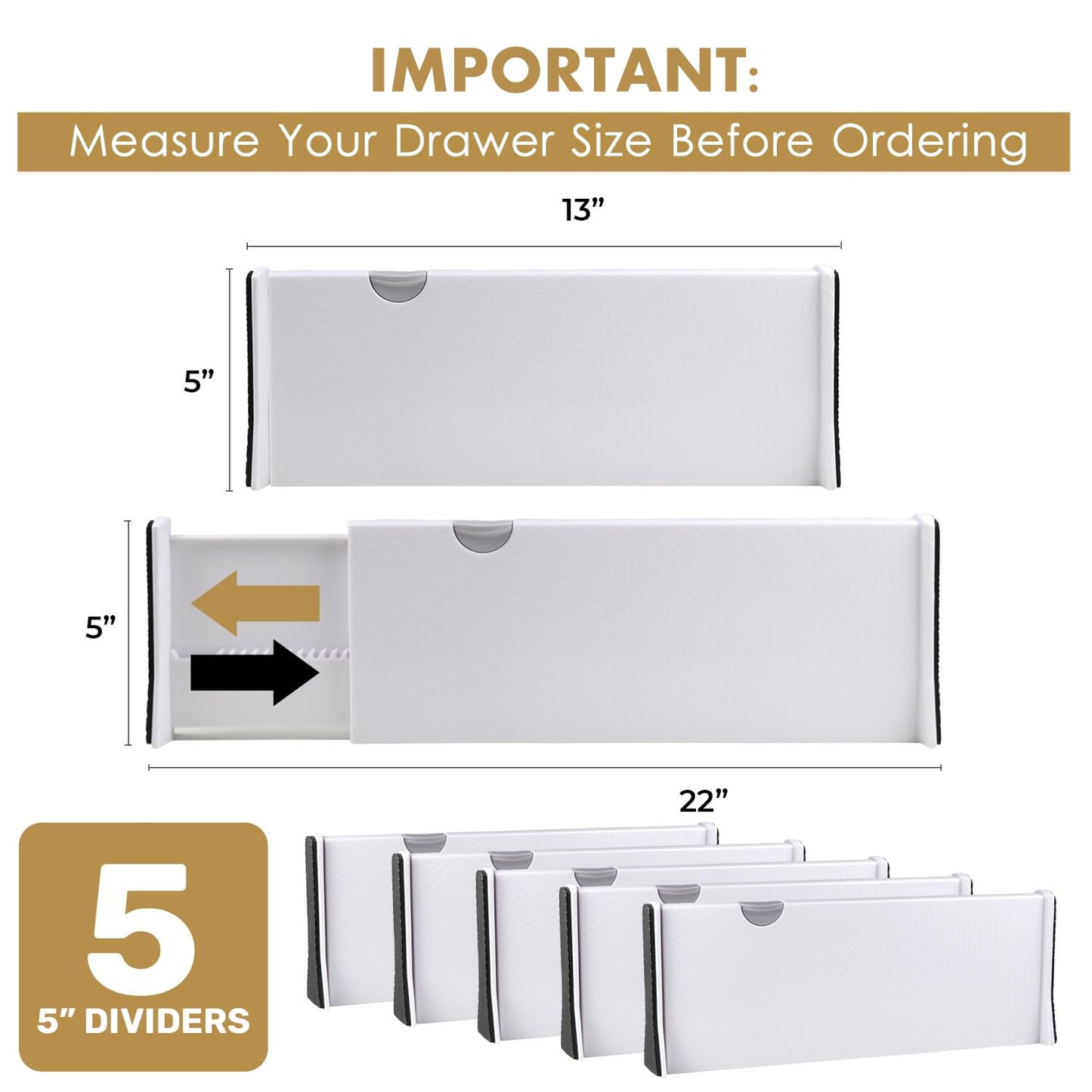 RAPTUROUS Adjustable Deep Drawer Divider – 5" Tall, Expandable 13-22", 10-Pack, Non-Slip Drawer Dividers for Clothes, Dresser, Kitchen & Office Organization (White)