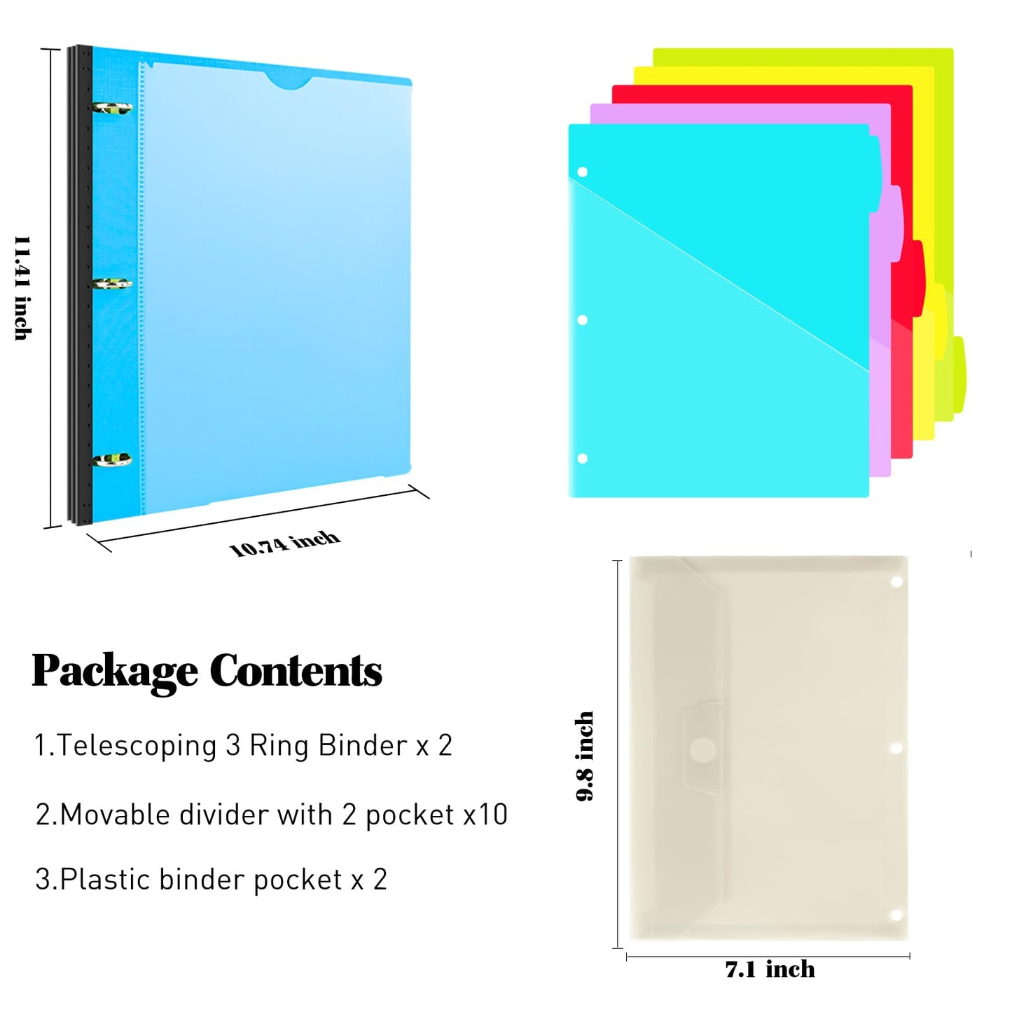 INFUN 1 Inch Telescoping Project Organizer Binder-2PCS,13 Pocket, Customizable Front Cover, 5 Colors Pocket Divider and Plastic Binder Pocket，225 Sheet Capacity-Blue