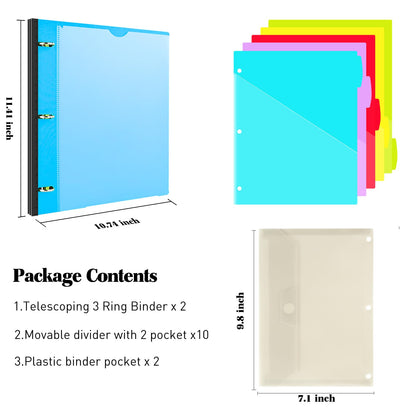 INFUN 1 Inch Telescoping Project Organizer Binder-2PCS,13 Pocket, Customizable Front Cover, 5 Colors Pocket Divider and Plastic Binder Pocket，225 Sheet Capacity-Blue