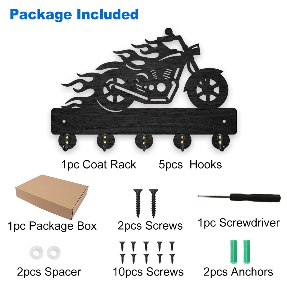 MAYJOYDIY Wood Motorcycle Flame Coat Hooks Motorbike Fire Key Holder for Wall 11.8×7.9inch Black Key Hooks Rack 5 Alloy Hooks Home Decor Gifts Entryway Kitchen Bathroom Storage Organizer