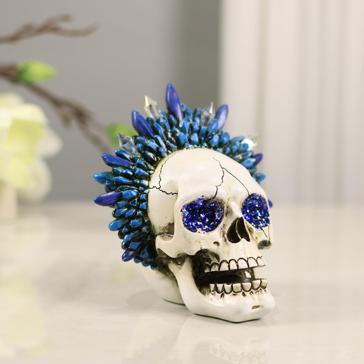 KalyZ@rts Skull Head Sculpture, Halloween & Gothic Decor, Creative Desktop Ornament, Resin Human Head Bone Model for Home Decoration, Bookshelf and Desktop, Model Anatomical Medical Skeleton (Blue)