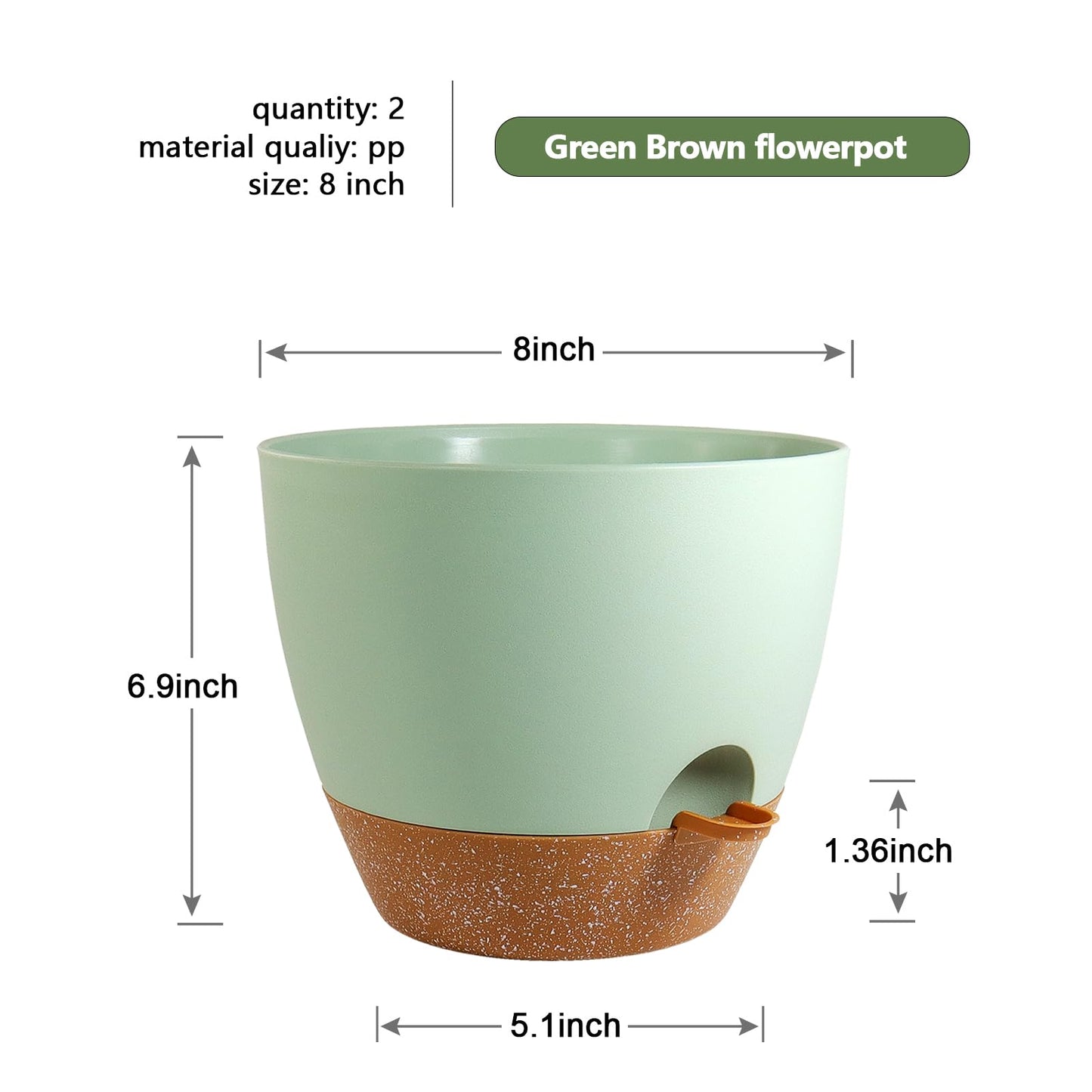 WSMKSZ 8 inch Self Watering Pots, 2 Pack Plastic Planters with Mesh Drainage Holes for Garden Plants and Flower, Plants Pots with Deep Reservoir for Indoor Outdoor Plants, Green with Brown