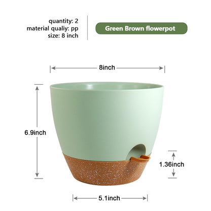 WSMKSZ 8 inch Self Watering Pots, 2 Pack Plastic Planters with Mesh Drainage Holes for Garden Plants and Flower, Plants Pots with Deep Reservoir for Indoor Outdoor Plants, Green with Brown