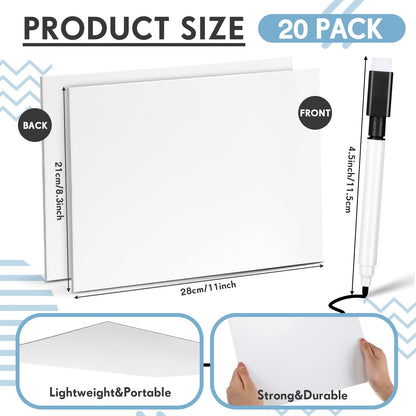 Ctosree 20 Sets Dry Erase Board for Kids 11 x 8 Inch Double Sided Small White Board and Dry Erase Markers with Eraser Cap Mini Student Whiteboard for Classroom Teacher