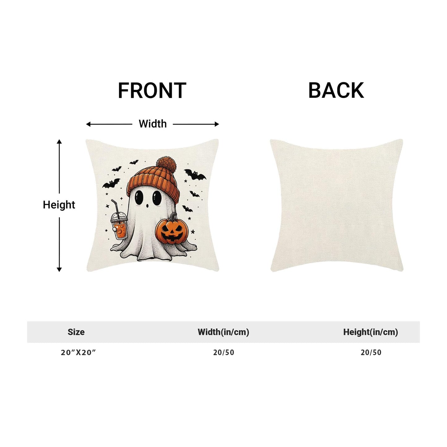 Halloween Pillow Covers 20 x 20 Inch, Burnt Orange Pumpkin Decor Throw Pillows for Home Couch Bed, Black Cream Cute Ghost Bat Fall Outdoor Decorative Pillowcase Linen Cushion Cover Set of 2