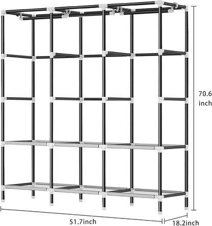 LOKEME Wardrobe Closet,Portable Closet for Bedroom Steel Pipe Diameter 19mm Strong and Sturdy Navy Blue Portable Closets for Hanging Clothes with 3 Hanging rods, 6 Storage Shelves and Side Pocket
