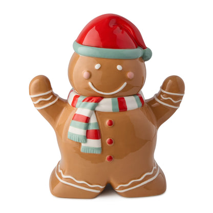Christmas Whimsy Gingerbread 3-D Cookie Jar – Holiday Ceramic Treat Jar with Smiling Gingerbread Wearing Red Hat & Scarf – Airtight Storage for Cookies, Candies & Festive Kitchen Decor