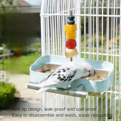 Bird Feeder Birds Bowls Stainless Steel Dishes Coop Cups with Fruit Skewer, Parrot Feeding Dish Cups Food Water Bowls with Bird Food Holder for Budgies Lovebirds (Blue,Oval)