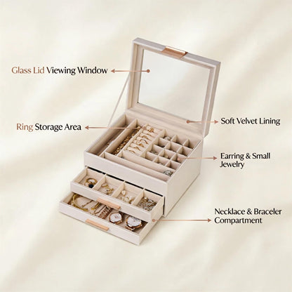Vandozis Jewelry Box Organizer with Glass Lid, 3-Layer with Double Drawers, Luxury Velvet Lined Desktop Display Case for Earrings Rings Necklaces, Gift for Women Girls (White)