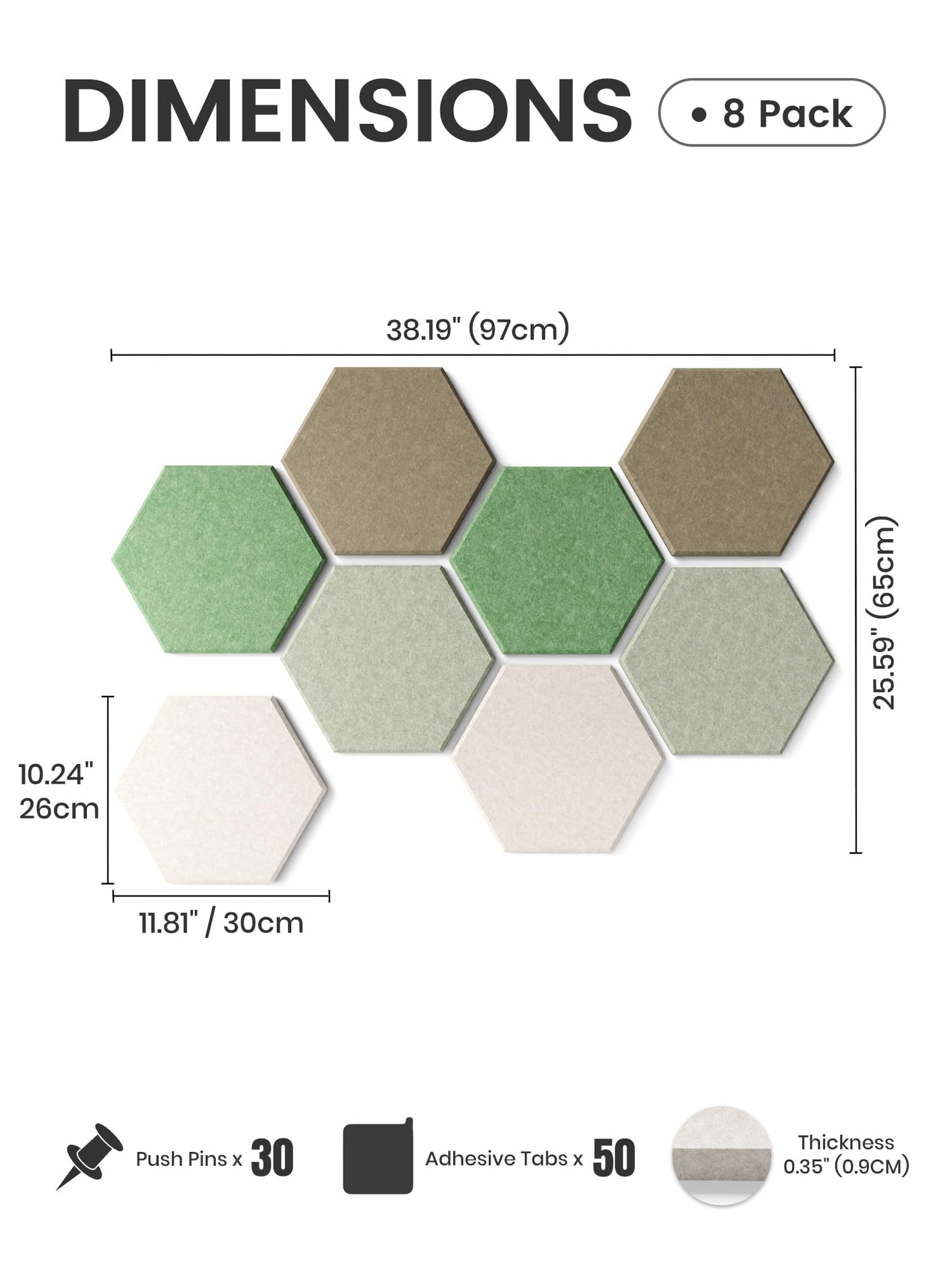 Fluxynara Hexagon Cork Board Alternative for Walls Decor-8-Pack Felt Bulletin Board Tiles,with 30 Pushpins,50 Adhesive Tabs for Office,Classrooms & Home Pin Board Felt Board-Moss Haven