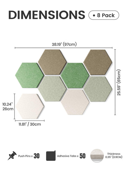 Fluxynara Hexagon Cork Board Alternative for Walls Decor-8-Pack Felt Bulletin Board Tiles,with 30 Pushpins,50 Adhesive Tabs for Office,Classrooms & Home Pin Board Felt Board-Moss Haven