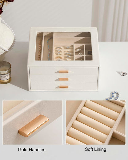 GLOBAL KA Jewelry Box with Glass Lid,3-Layer Jewelry Boxes for Women,PU Leather Jewelry Organizer with 20-Grid Earring Drawer & Movable Dividers for Necklaces Rings - Cloud White