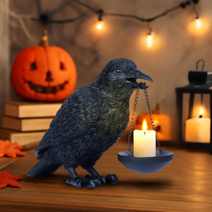Gothic Home Decor Raven Lamp Tealight Candle Holder Halloween Decorations Indoor Fake Crow Light Holder Resin Black Bird Statue for Living Room Fireplace Entrance Holiday Spooky Ornaments