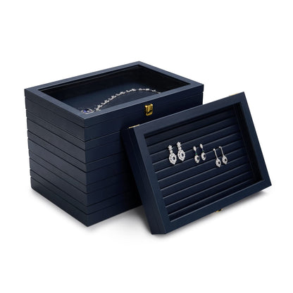 Oirlv Premium Blue Leather Rings Earrings Organizer Tray with Clear Lid Jewelry Display Box with Acrylic Lid Stackable Jewelry Box Drawer Inserts