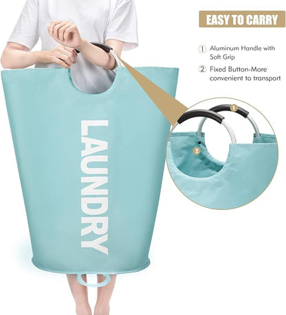 Maxsilan 90L Large Laundry Basket, Freestanding Tall Clothes Hamper, Collapsible Laundry Bag, Light Blue