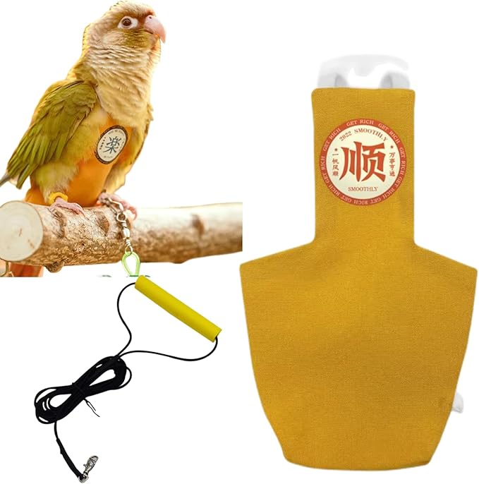 MANON ROSA Bird Diapers Leash Set Washable Reusable Handmade Flight Suit Waterproof Inner Layer - Protective Parrot Nappy Clothes Parakeets Macaws Budgies Canaries (Yellow1,Budgie)