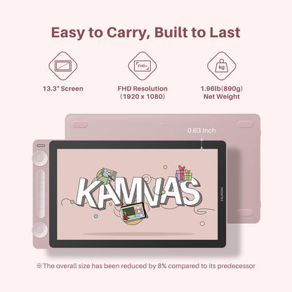 HUION Kamvas 13 (Gen 3) Drawing Tablet with Screen, Full-Laminated Graphic Tablet with Anti-Sparkle Canvas Glass, PenTech 4.0, 16384 Pen Pressure, Dual Dial & 5 Custom Keys for PC, Mac, Android, Pink