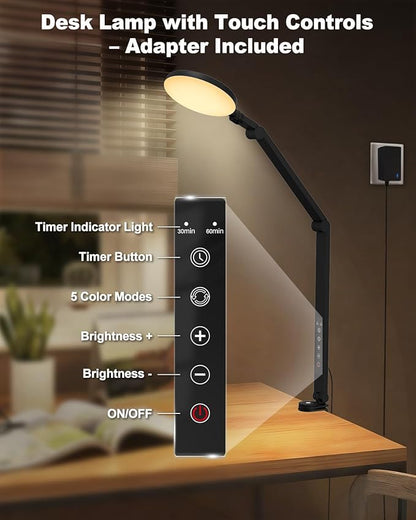 Desk Lamp, 16W LED Desk Light with Clamp & Adjustable Arm for Home Office Video Calls, Touch Control Eye-Care Light for Reading with 5 Color Temps (1700K-6000K) & 10 Brightness, Timer 0.5H/1H